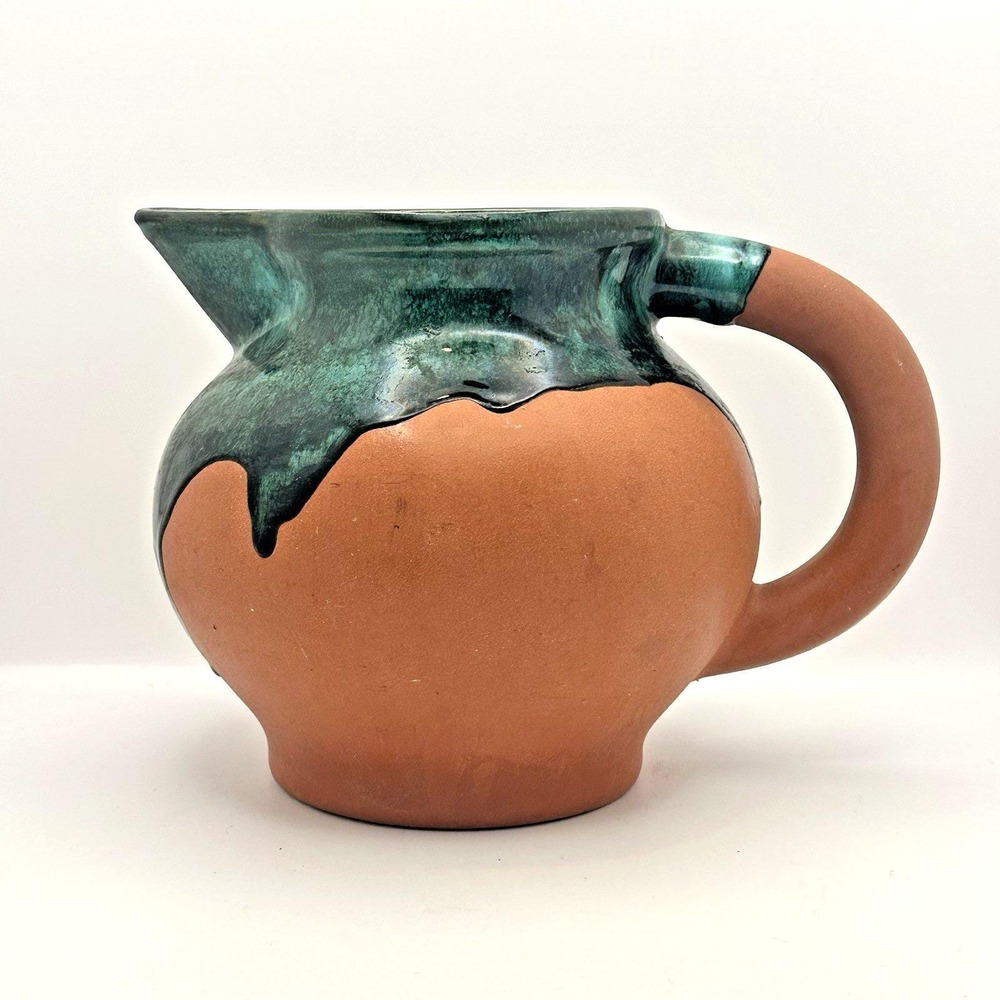 Vintage Green Drip Glaze Pottery Pitcher 7.5" Terracotta Rustic Studio MCM
